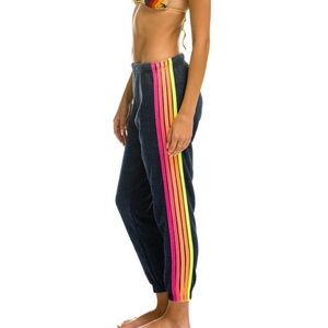 Aviator Nation 5 STRIPE SWEATPANTS - HEATHER NAVY // NEON RAINBOW Size Medium